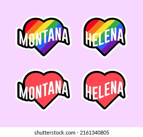 Etiquetas de día de orgullo o colección de stickers en diseño plano. Montana, Helena rojo y pegatinas de corazón LGBT arcoiris. Me encanta Montana, Helena. Vector de diseño de camisetas.