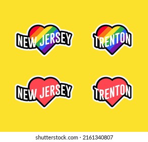Pride day labels or sticker collection in flat design. New Jersey, Trenton red and rainbow LGBT heart stickers. I love New Jersey, Trenton. T-shirt design vector.