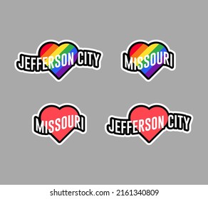 Pride day labels or sticker collection in flat design. Jefferson City, Missouri red and rainbow LGBT heart stickers. I love Jefferson City, Missouri. T-shirt design vector.