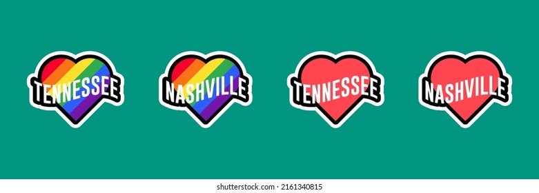 Etiquetas de día de orgullo o colección de stickers en diseño plano. Tennessee, pegatinas de corazón LGBT de Nashville rojo y arco iris. Amo a Tennessee, Nashville. Vector de diseño de camisetas.