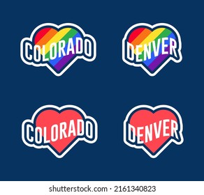 Etiquetas de día de orgullo o colección de stickers en diseño plano. Colorado, pegatinas de corazón LGBT de color rojo Denver y arcoiris. Me encanta Colorado, Denver. Vector de diseño de camisetas.