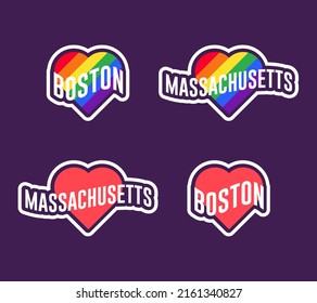 Pride day labels or sticker collection in flat design. Boston, Massachusetts red and rainbow LGBT heart stickers. I love Boston, Massachusetts. T-shirt design vector.