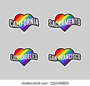 Pride Day Labels Or Sticker Collection In Flat Design. California, Sacramento, Los Angeles, San Francisco Rainbow LGBT Heart Stickers. T-shirt Design Vector.