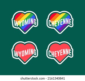 Etiquetas de día de orgullo o colección de stickers en diseño plano. Wyoming, calcomanías de corazón LGBT rojas de Cheyenne y arcoiris. Me encanta Wyoming, Cheyenne. Vector de diseño de camisetas.