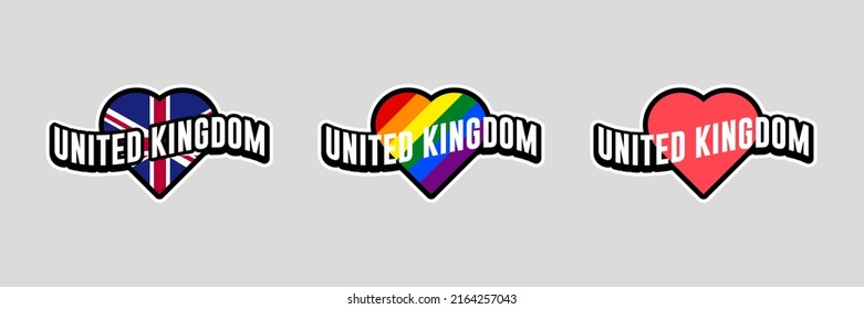 Etiquetas de día de orgullo o colección de stickers en diseño plano. Bandera nacional del Reino Unido, pegatinas de corazón LGBT rojas y arcoiris. Amo el Reino Unido. Vector de diseño de camisetas.