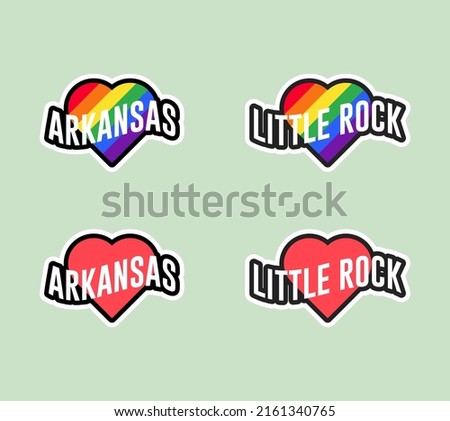 Pride day labels or sticker collection in flat design. Arkansas, Little Rock red and rainbow LGBT heart stickers. I love Arkansas, Little Rock. T-shirt design vector.