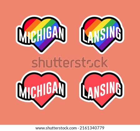 Pride day labels or sticker collection in flat design. Michigan, Lansing red and rainbow LGBT heart stickers. I love Michigan, Lansing. T-shirt design vector.