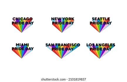 Pride day logo rainbow flag symbol. Celebrating Pride Day in the cities of Chicago, Miami, San Francisco, Los Angeles, Seattle, New York.