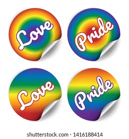 Pride Day, Love and Pride text on Rainbow Stickers and Flag for Pride Festival, Symbol of love and equality, LGBTQ+.