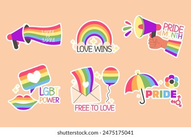 Pride day lstickers abels with letteting flat style