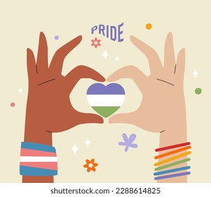 Pride Day poster or banner template. Groovy style invitation with two hands in heart shape gesture. Vector retro design.