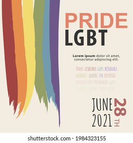 Pride day square banner with the rainbow flag and the text PRIDE LGBT. Flat style. Minimalistic and simple design. Colorful and vectorized, suitable for social media, posters, ads, logos and icons.