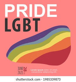 Pride day square banner with the rainbow flag and the text PRIDE LGBT and 28th June. Textured glitter effect. Minimalistic design. Colorful and vectorized, suitable for social media, posters, ads...