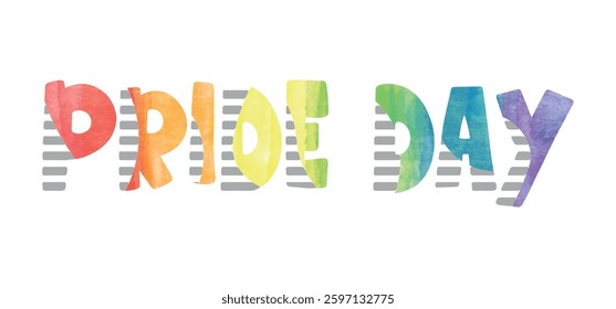 pride day text with split letters, partly grey striped, partly rainbow colored on white background