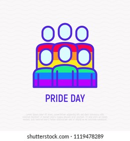 Pride day thin line icon: people in rainbow t-shirts. Modern vector illustration.