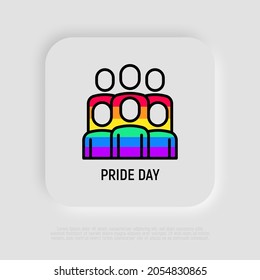 Pride day thin line icon: people in rainbow t-shirts. Modern vector illustration.