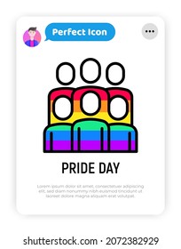 Pride day thin line icon: people in rainbow t-shirts. Modern vector illustration.