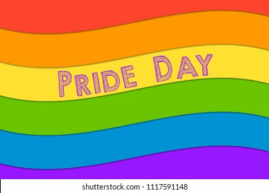 Pride day vector illustration background with doodle text over cute rainbow flag
