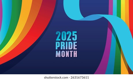 Stolz Design Konzept. LGBT Abstrakter Hintergrund mit einem gewellten Regenbogen und bunter Serpentine, Nahaufnahme auf blauem Hintergrund. Regenbogen-Poster für den LGBT History Month. Pride Month 2025
