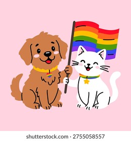 Pride Dog and Cat With Rainbow Flag