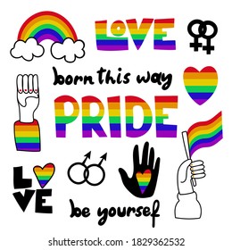 Pride doodle stickers set. Born this way, be yourself, love lettering text, rainbow heart, flag with hand, support and freedom symbols, gay pride month vector cartoon collection
