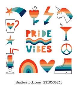 Pride elements collection. Rainbow flag symbols. Flower, unicorn, heart, peace, star in vintage retro colors. Vector flat illustration set.