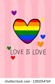 Pride flag color heart shapes with love is love concept illustrate