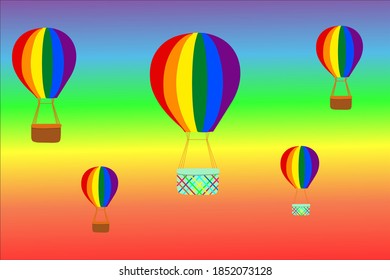 pride flag colored hot balloons in sky, colorful banner for lgbtq+ posters