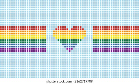 Pride flag and heart shape background. Summer Swimming pool mosaic or pixel style. LGBT love sign. Vector illustration