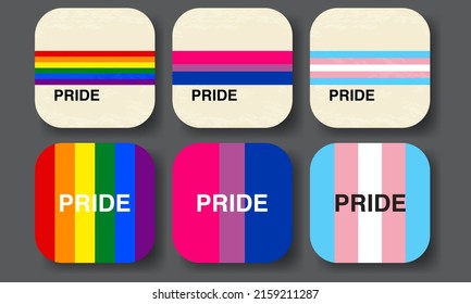 Pride Flag icons and logo. Rainbow flag, bisexual flag, transgender flag. Isolated. For web design, app icon, presentations, logo, symbols. Vector Illustration.