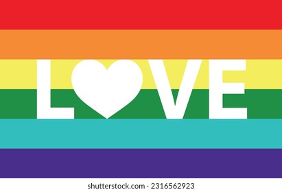 Pride flag with love word in the middle, the 6 color pride, the letter includes the colors red, orange, yellow, green, indigo and violet.