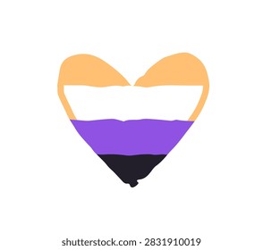 Pride flag of non binary personalities in heart shape. Rainbow sign of gender fluid identity. Symbol of LGBTQ and LGBT community. Queer love. Flat isolated vector illustration on white background