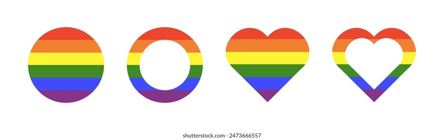 Bandera del Orgullo. Conjunto de marcos gay de arco iris. Símbolos del logotipo de progreso. Icono del círculo LGBT. Pegatinas en colores arcoíris. Ronda, placa del corazón, Botón. Diseño de Plantilla. Ilustración gráfica.
