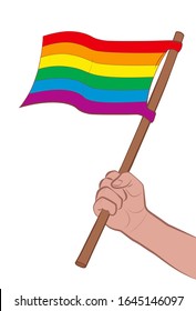 Pride Flag Waving. Male Hand With Rainbow Colored Lgbt Symbol For Gay Liberation Movement And Parades. Isolated Comic Vector Illustration On White Background.
