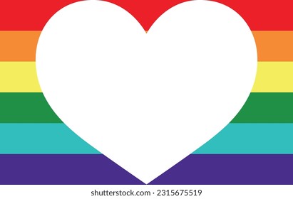 Pride flag with white hearth in the centre, the 6 color pride includes the colors red, orange, yellow, green, indigo and violet.