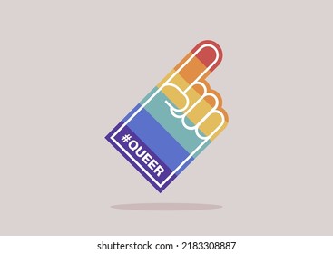 A Pride foam finger colored with rainbow colors, LGBTQ community support