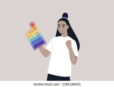 A Pride foam finger colored with rainbow colors, LGBTQ community support