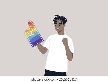 A Pride foam finger colored with rainbow colors, LGBTQ community support