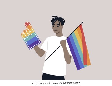 A Pride foam finger colored with rainbow colors, LGBTQ community support