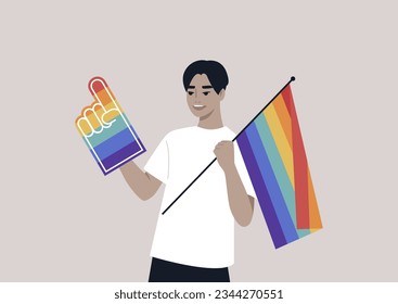 A Pride foam finger colored with rainbow colors, LGBTQ community support