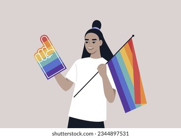 A Pride foam finger colored with rainbow colors, LGBTQ community support