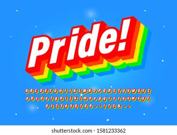 Pride Font Six Colour Rainbow Typeface Intended To Celebrate Diversity. Retro 3D Alpahabet. Vector EPS10