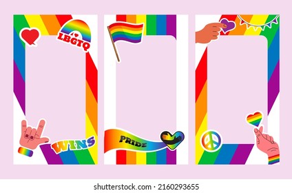 Pride frame stories. LGBT symbols. Love, heart, flag in rainbow colours, Gay, lesbian parade, template Vector  illustration