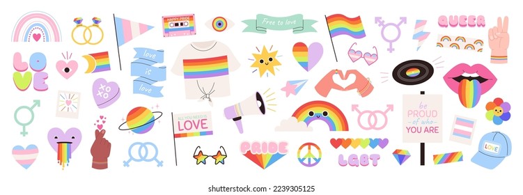 Pride gay lgbt community stickers. Trans-gay badges, hippie 80s style elements. Rainbow retro love design. Groovy racy queer vector patches set