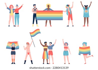 Personajes gay de orgullo lgbtq. Desfile Lgbt, relaciones de pareja transgénero. Gente queer, hombre y mujer con banderas, reciente conjunto de vectores