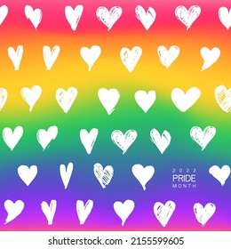 Pride Gradient Background With 2022 LGBTQ Pride Flag Colours. Seamless Pattern Of Color Hearts. 2022 Lgbtq Pride Month With Rainbow Heart. Hand Drawn Vector Illustration.