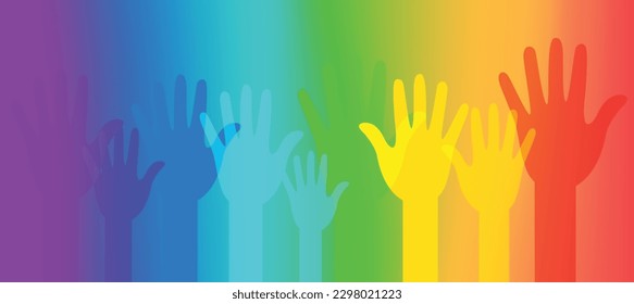 Pride gradient background with LGBTQ Pride flag colours and human hands