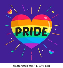 Pride greeting card vector illustration. Cute rainbow heart on purple background 