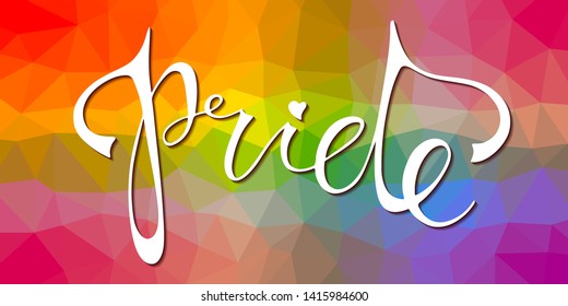 Pride hand written lettering inscription white on rainbow triangle background. LGBT rights concept. Parade, party, festival event invitation, print, t-shirt, poster vector low poly design