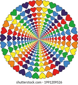 Pride hearts arranged as round circles repeated. Rainbow colored, vector love symbol artwork without background.